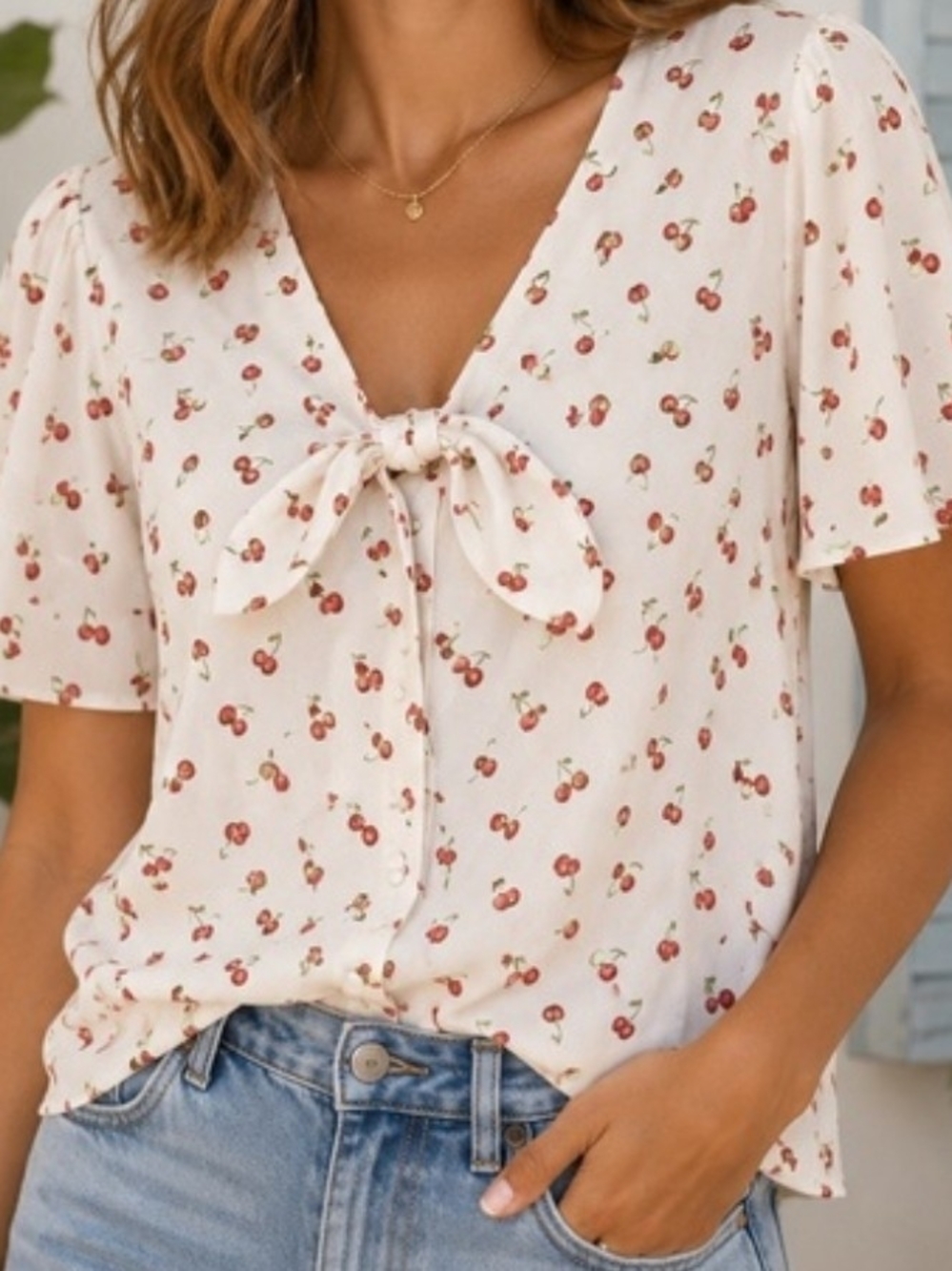 LC Lauren Conrad Cream Cherry Tie-Neck Blouse